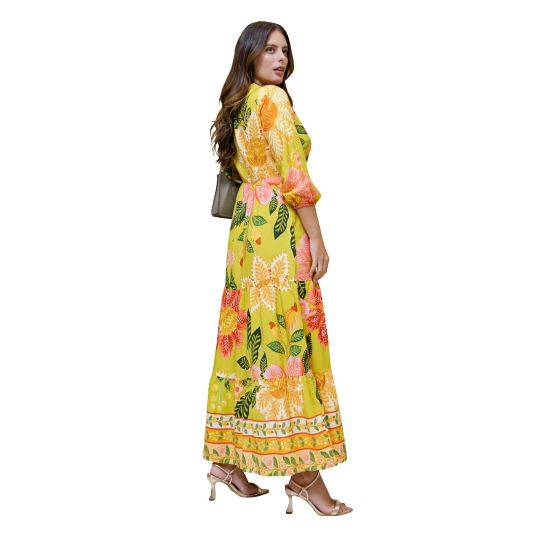 Vestido Soltinho Manga 3/4 com Babado Paris Gold