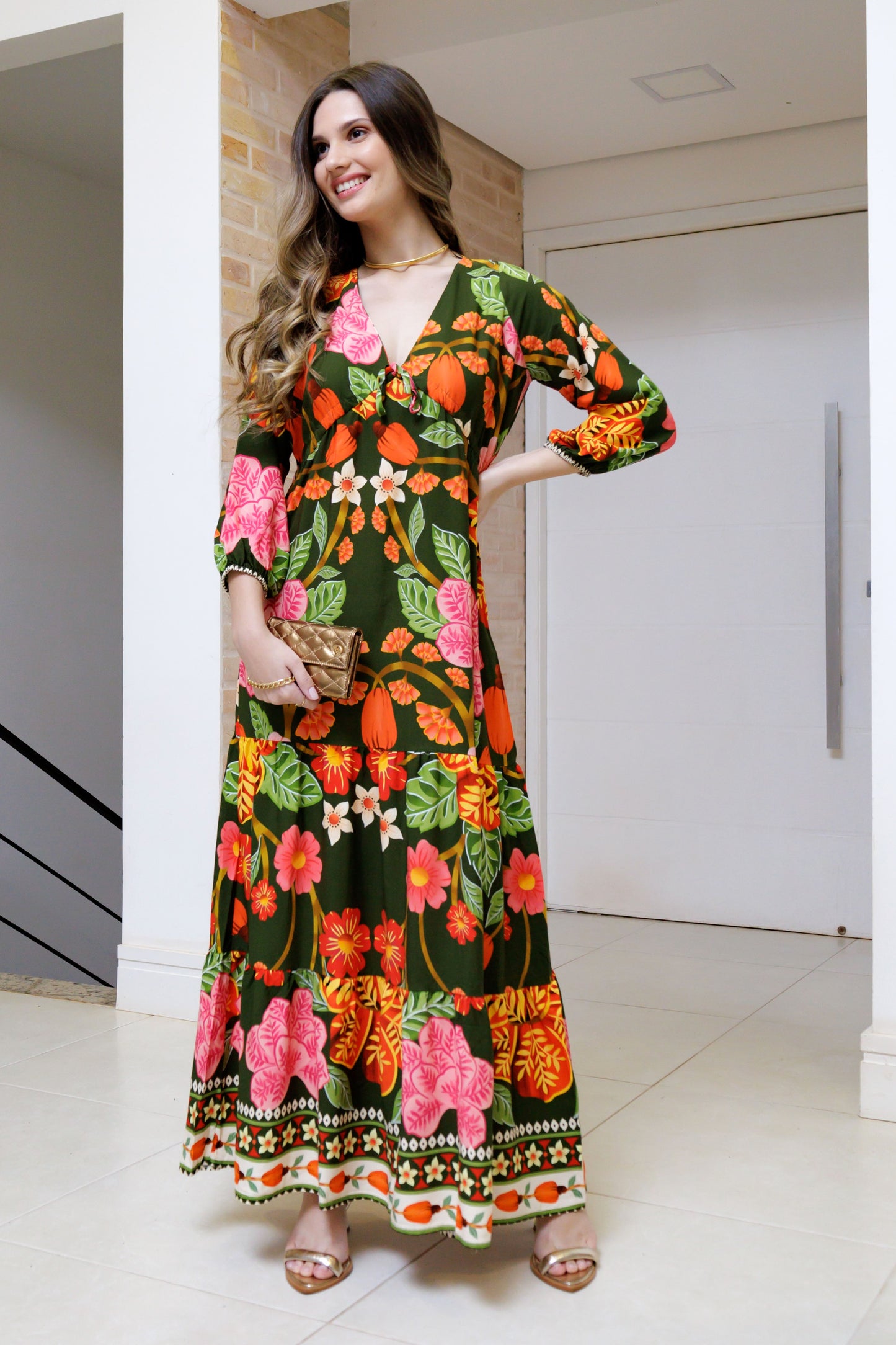 Vestido Soltinho Manga 3/4 com Babado Tokyo Zen