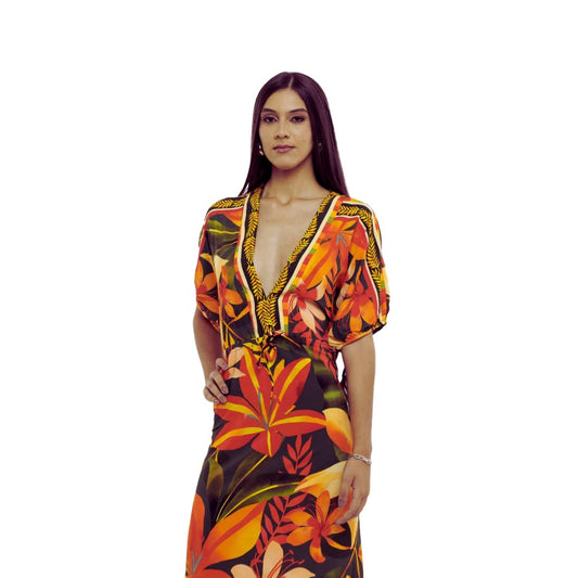 Vestido longo manga curta Miami Tropical
