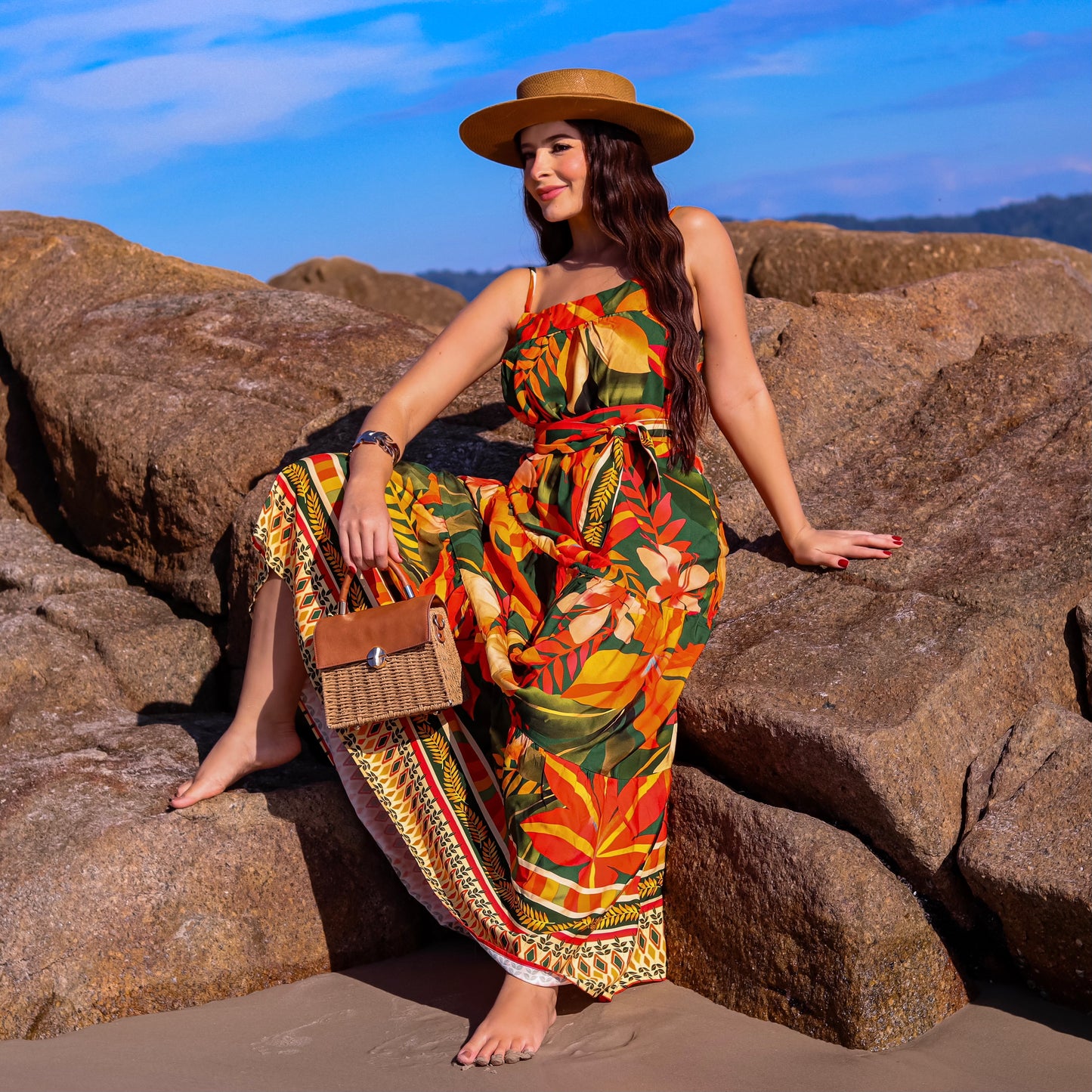 Vestido longo com alça Miami Tropical