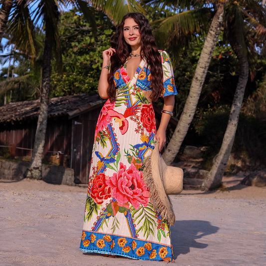 Vestido longo com recorte na cintura Julia