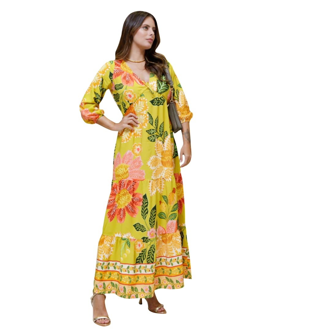 Vestido Soltinho Manga 3/4 com Babado Paris Gold