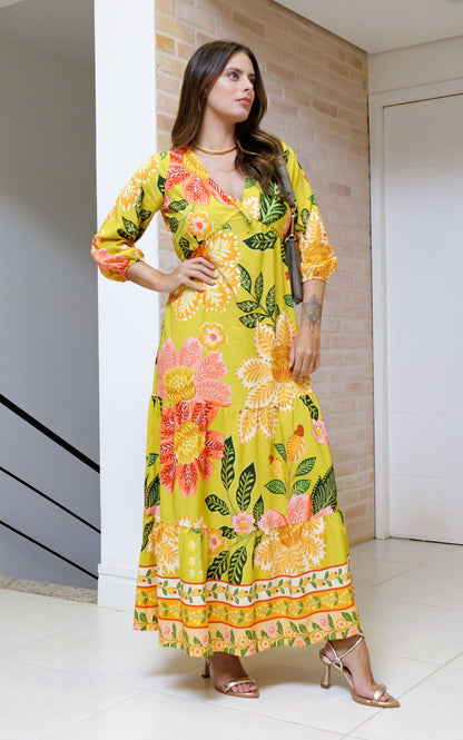 Vestido Soltinho Manga 3/4 com Babado Paris Gold