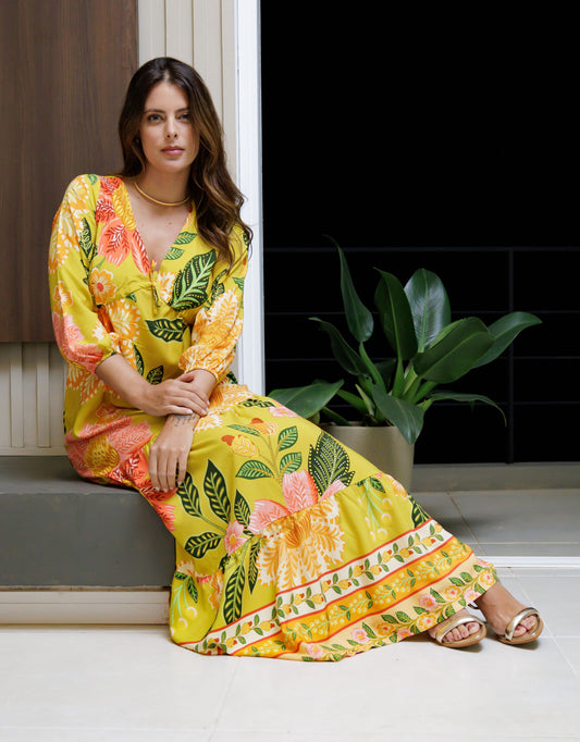 Vestido Soltinho Manga 3/4 com Babado Paris Gold