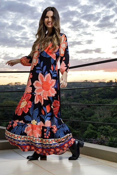 Vestido Soltinho Manga 3/4 com Babado Paris Nights