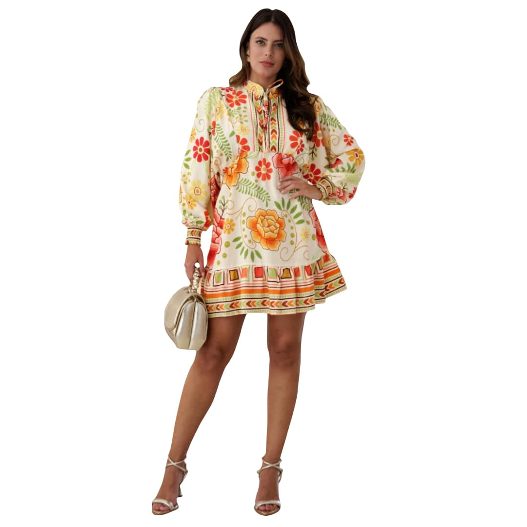 Vestido curto com babado manga longa Kyoto Love