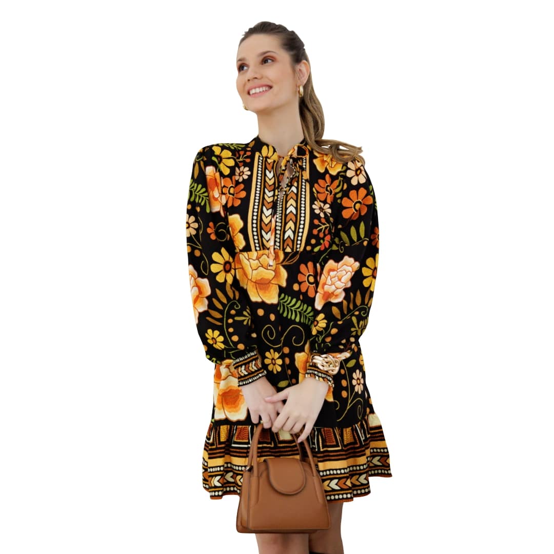 Vestido curto com babado manga longa Kyoto Bloom