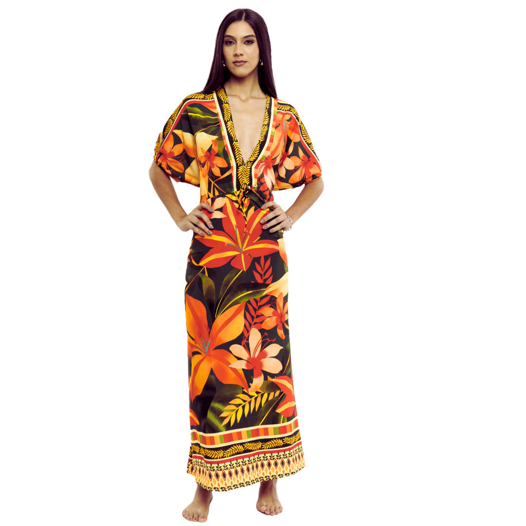 Vestido longo manga curta Miami Tropical