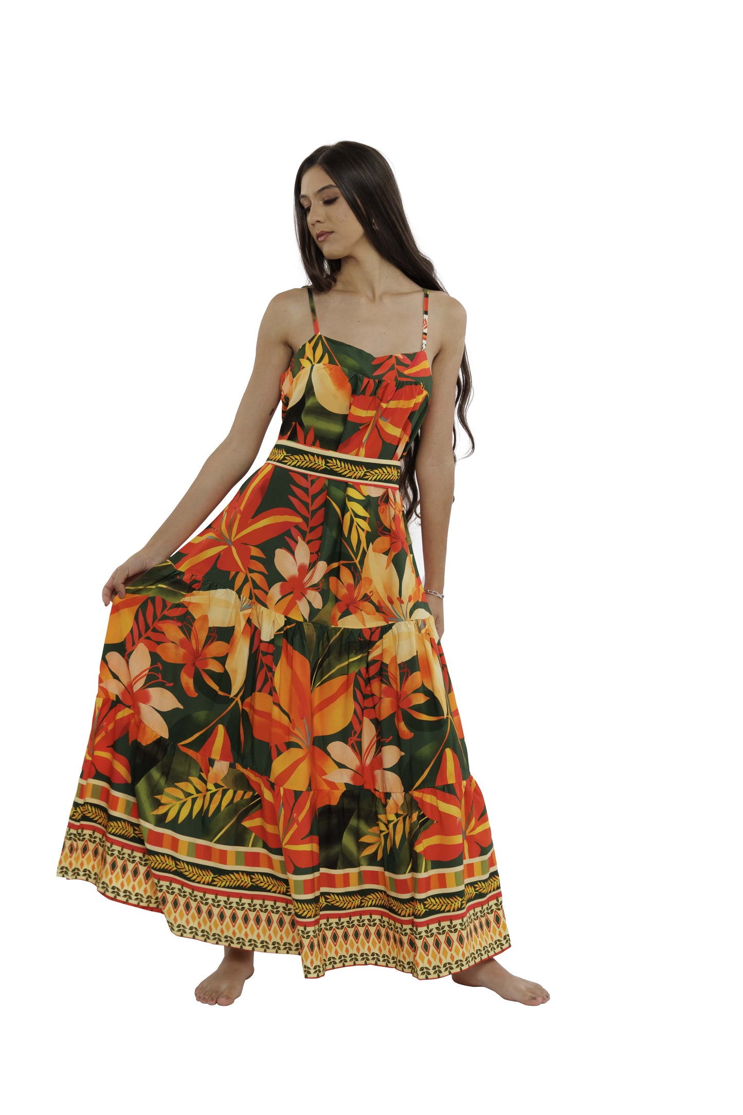 Vestido longo com cinto Miami Tropical