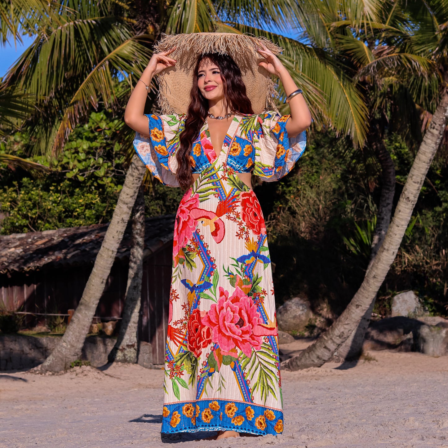 Vestido longo com recorte na cintura Julia