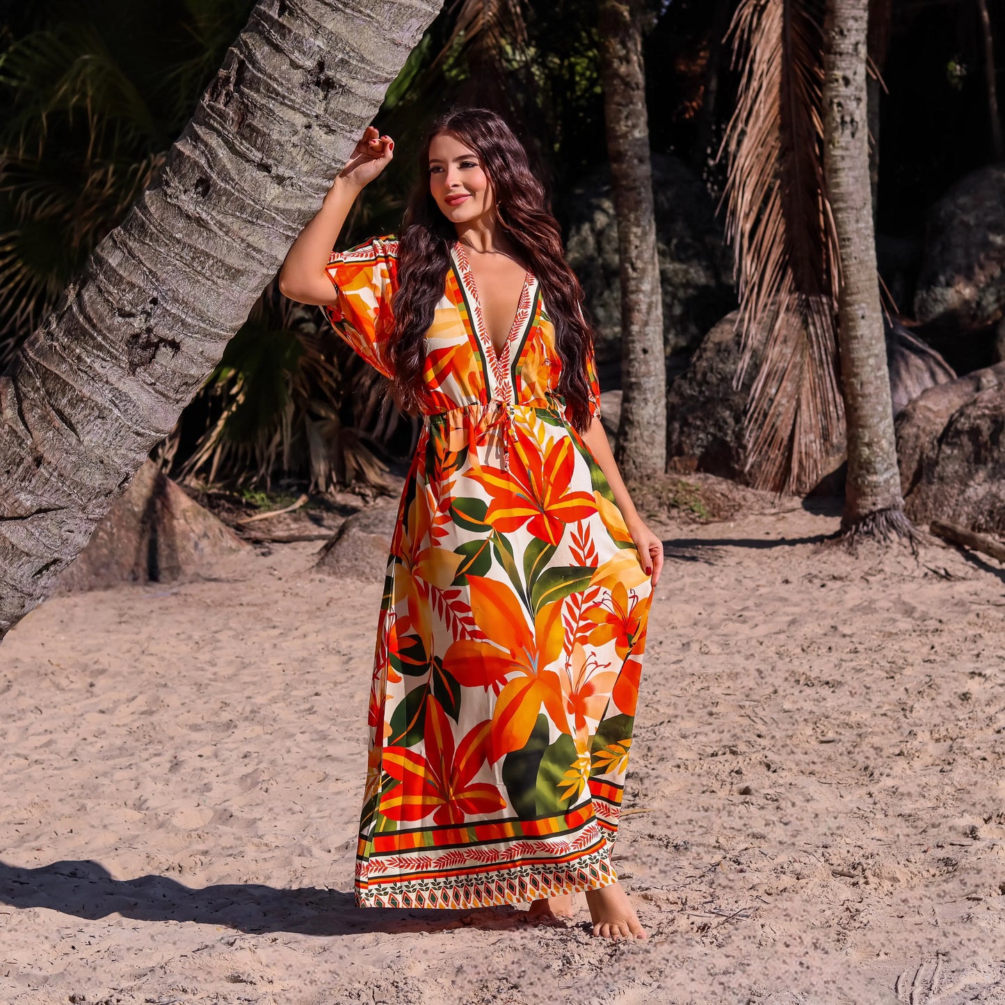 Vestido longo manga curta Miami Sunset