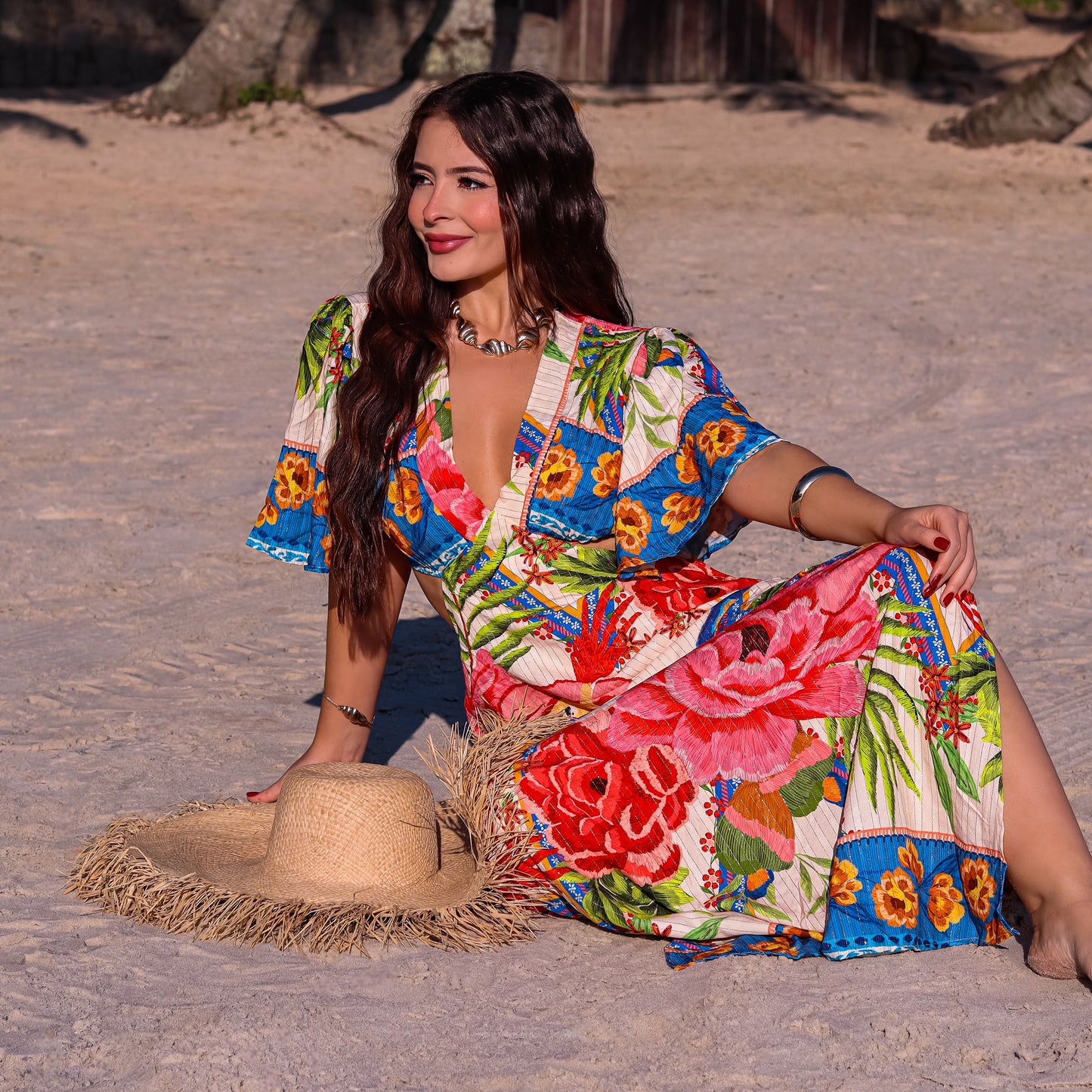 Vestido longo com recorte na cintura Julia