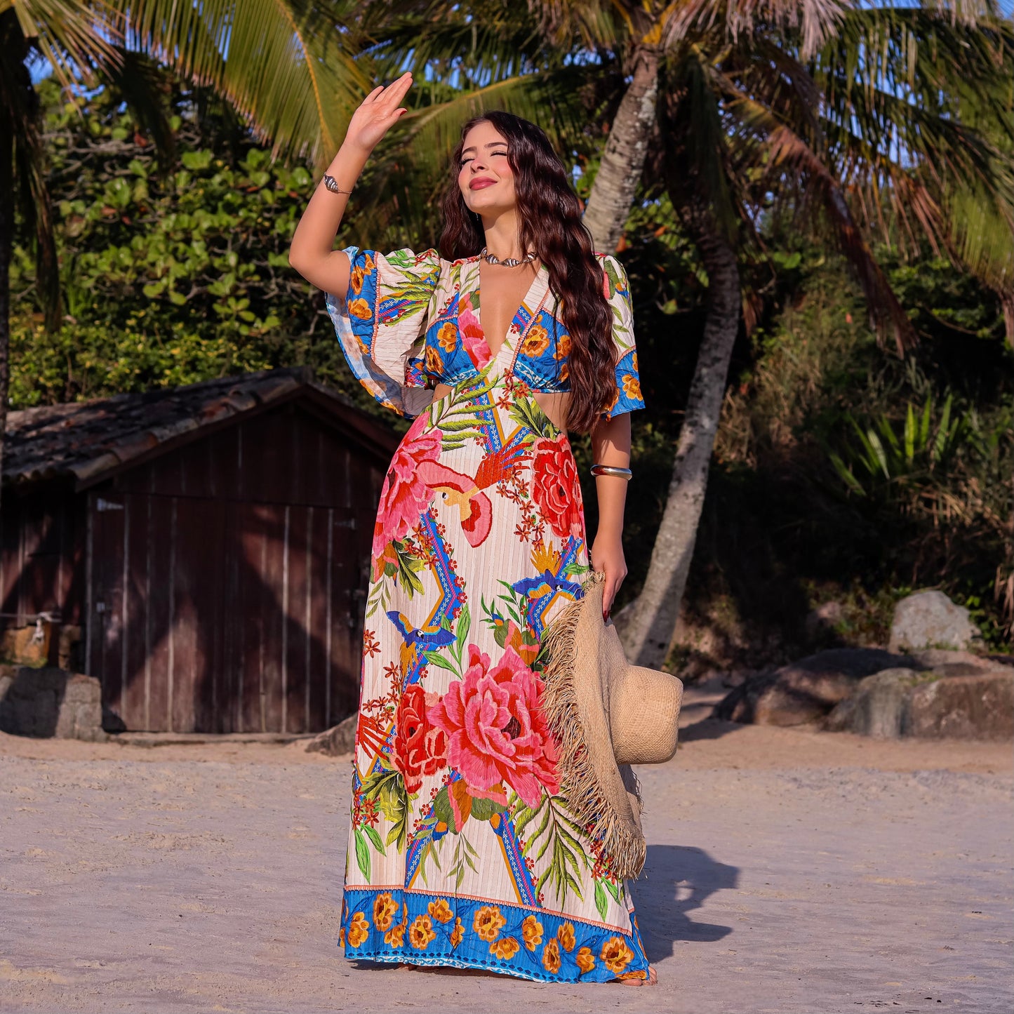 Vestido longo com recorte na cintura Julia