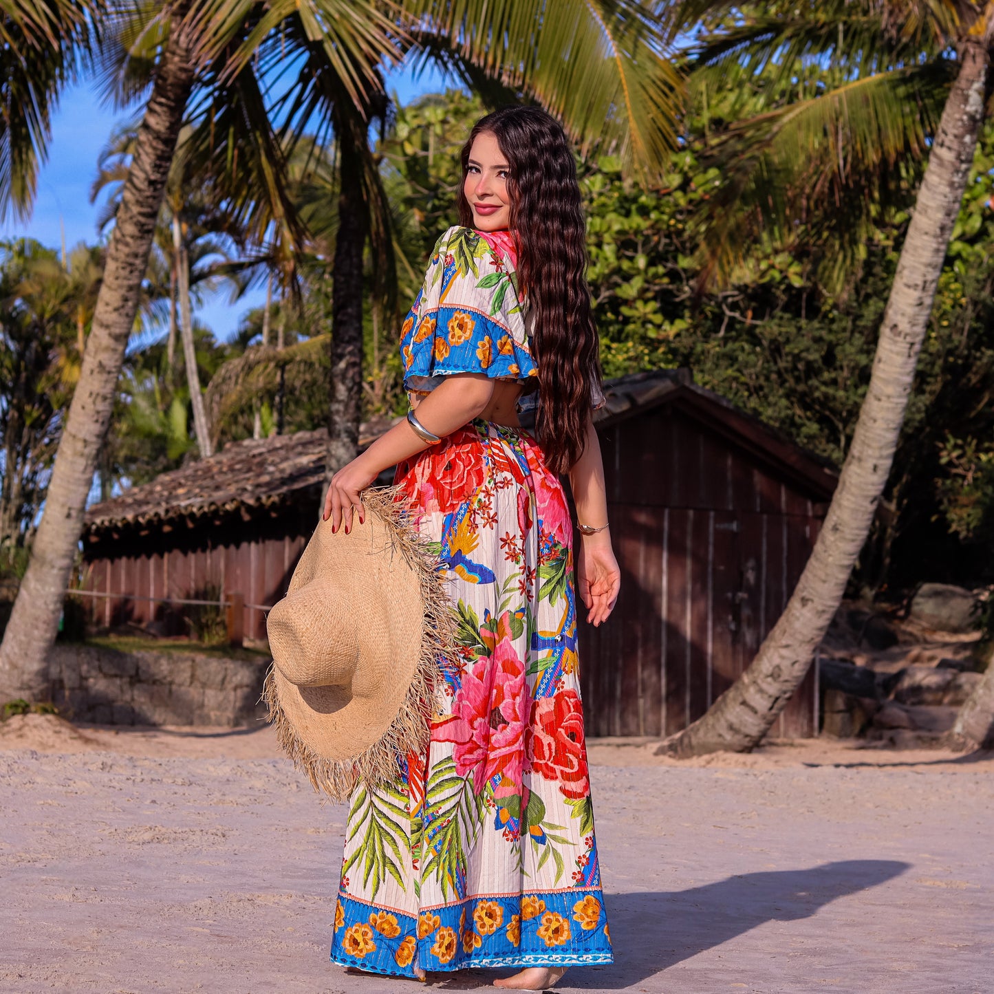 Vestido longo com recorte na cintura Julia