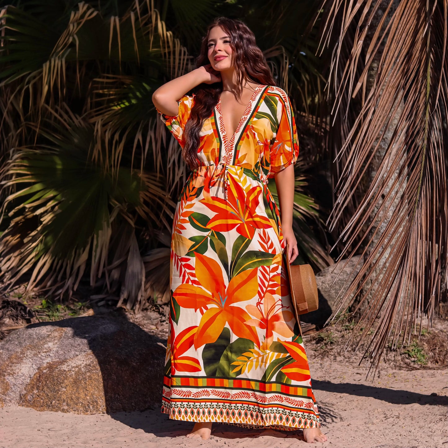 Vestido longo manga curta Miami Sunset